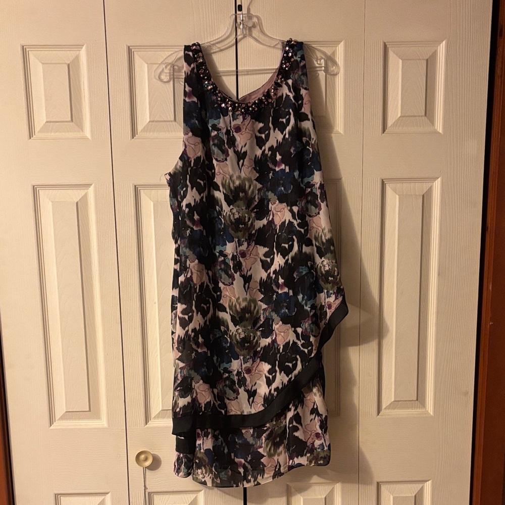 SLNY Asymmetrical Floral Dress in Black and Blue